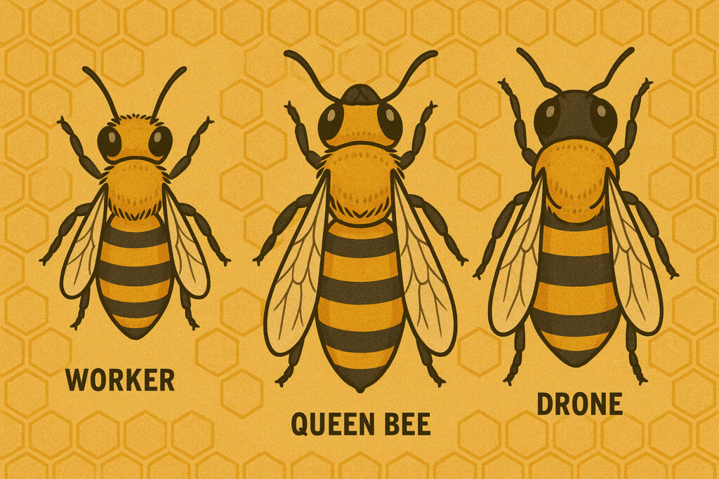 Honey Bee Caste Hierarchy: Queen (16 days to emerge, 3-5 years lifespan) Worker (21 days to emerge, 6-12 weeks lifespan), Drone (24 days to emerge, 4 week lifespan)
